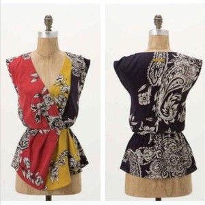 ANTHROPOLOGIE Baraschi Yoana Baraschi Anila Peplum Faux Wrap Top Colorful XS